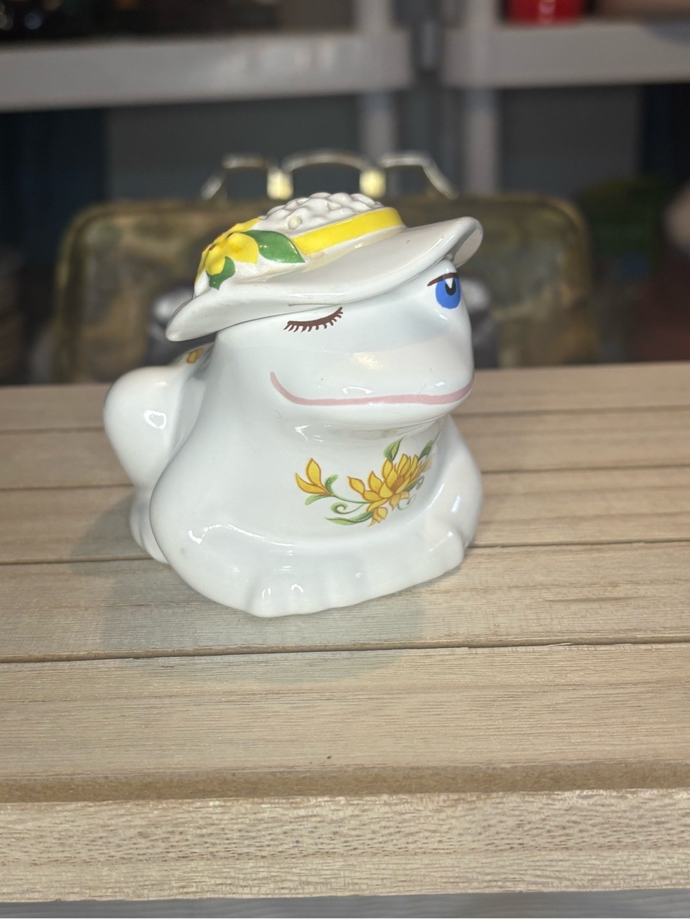 Vintage Ceramic Frog Figurine with Yellow Floral Hat - Pot Pourri